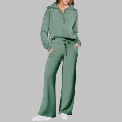 Fleur - Comfy Half Zip Sweatshirt and Wide Leg Pants Set
