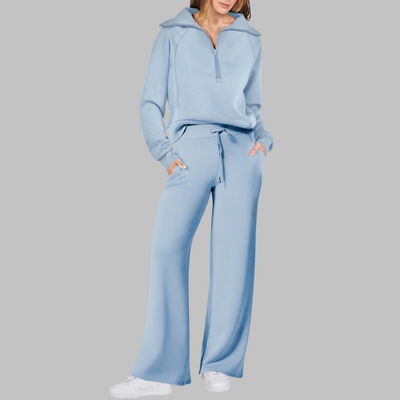 Fleur - Comfy Half Zip Sweatshirt and Wide Leg Pants Set