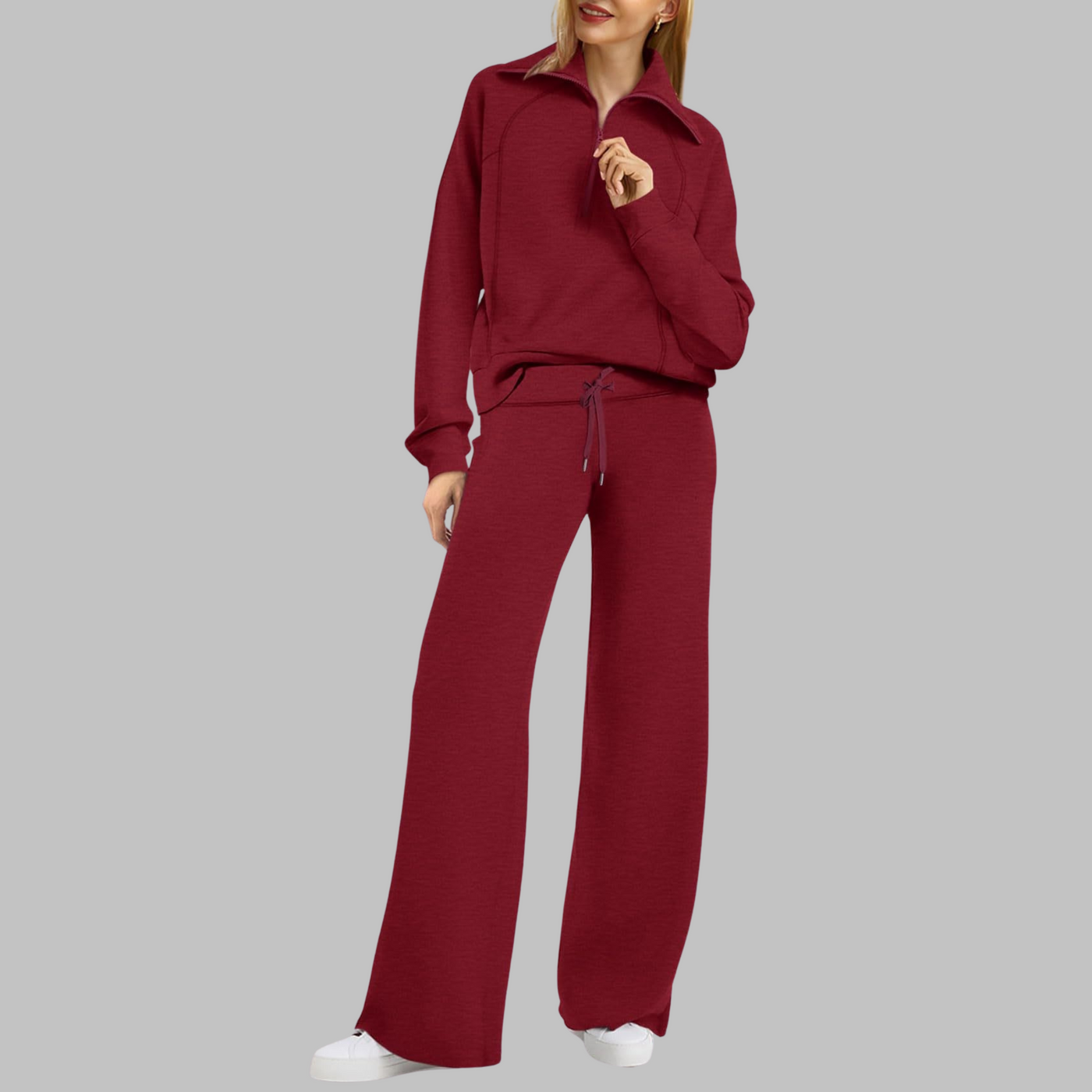 Fleur - Comfy Half Zip Sweatshirt and Wide Leg Pants Set