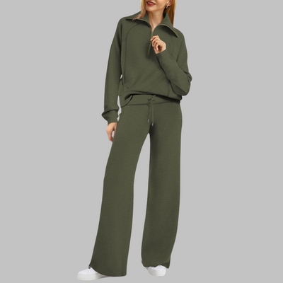 Fleur - Comfy Half Zip Sweatshirt and Wide Leg Pants Set