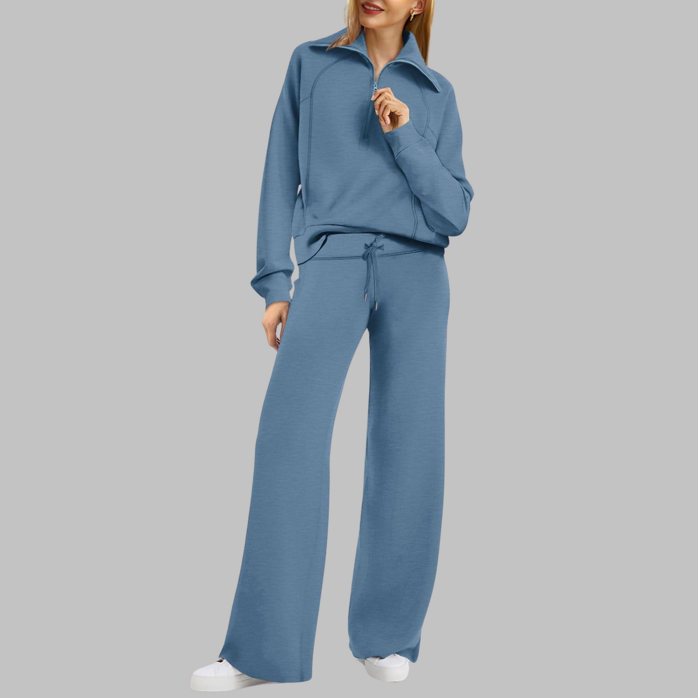 Fleur - Comfy Half Zip Sweatshirt and Wide Leg Pants Set