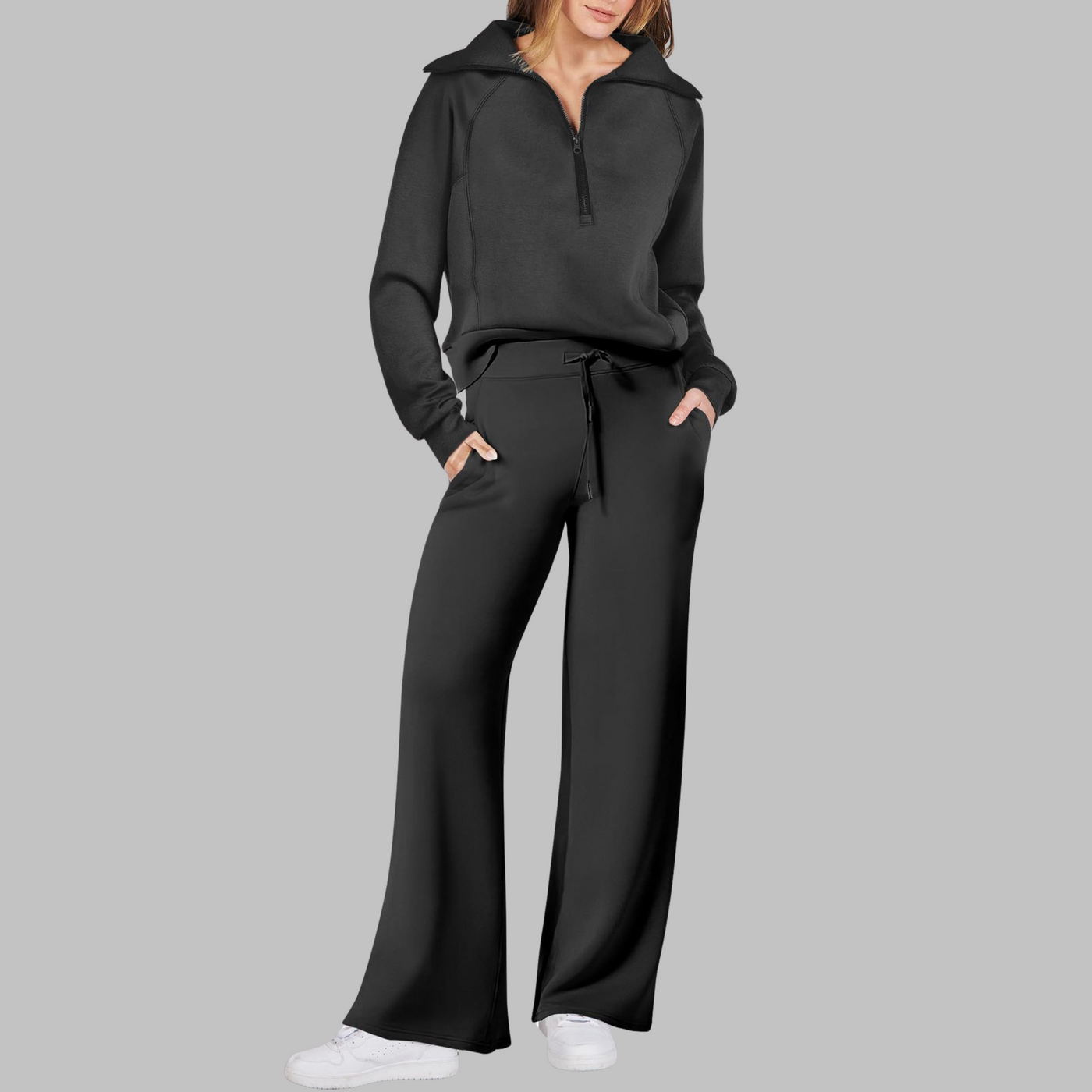 Fleur - Comfy Half Zip Sweatshirt and Wide Leg Pants Set