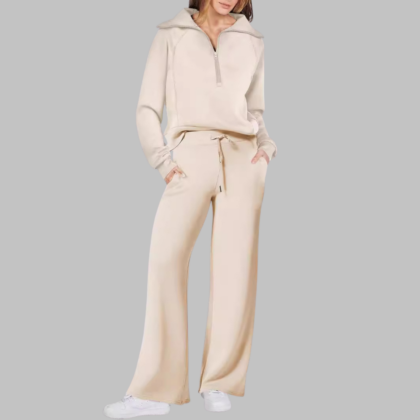 Fleur - Comfy Half Zip Sweatshirt and Wide Leg Pants Set