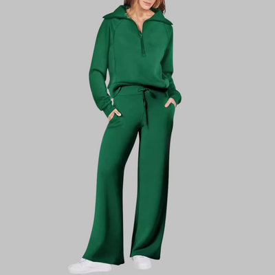 Fleur - Comfy Half Zip Sweatshirt and Wide Leg Pants Set