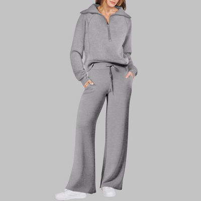 Fleur - Comfy Half Zip Sweatshirt and Wide Leg Pants Set