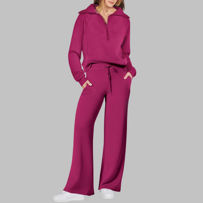 Fleur - Comfy Half Zip Sweatshirt and Wide Leg Pants Set