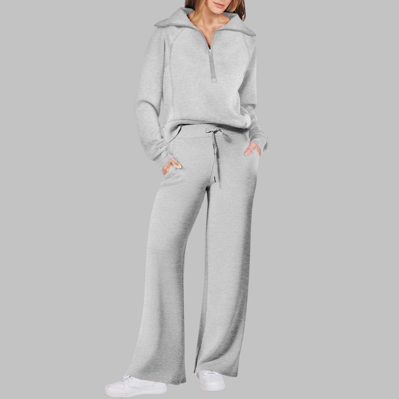 Fleur - Comfy Half Zip Sweatshirt and Wide Leg Pants Set