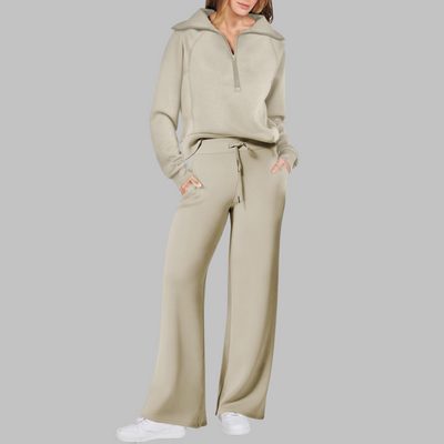 Fleur - Comfy Half Zip Sweatshirt and Wide Leg Pants Set