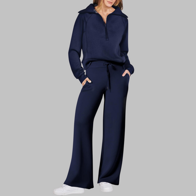 Fleur - Comfy Half Zip Sweatshirt and Wide Leg Pants Set