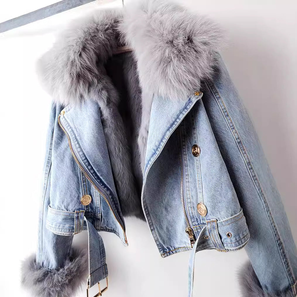 Margaux Luxe Lined Imitation Fox Fur Denim Coat