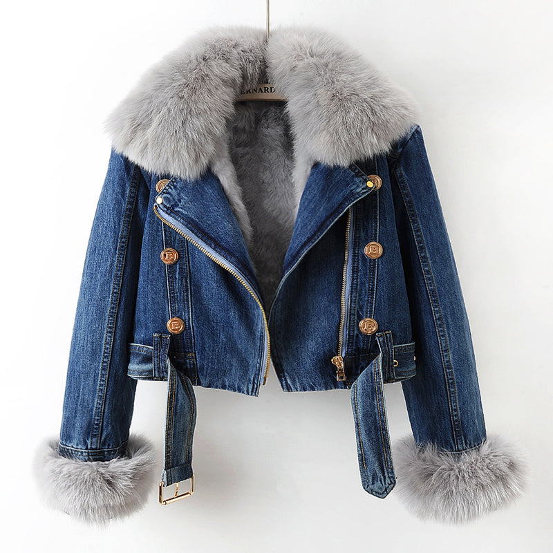 Margaux Luxe Lined Imitation Fox Fur Denim Coat