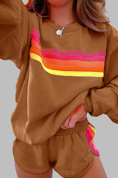 Beau - Comfy Striped Crew Neck Top and Shorts Pajama Set