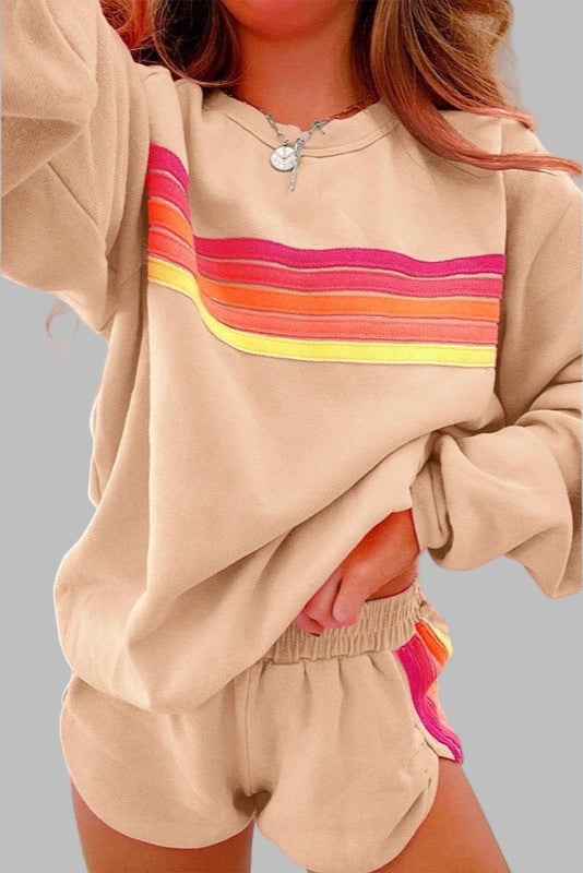 Beau - Comfy Striped Crew Neck Top and Shorts Pajama Set