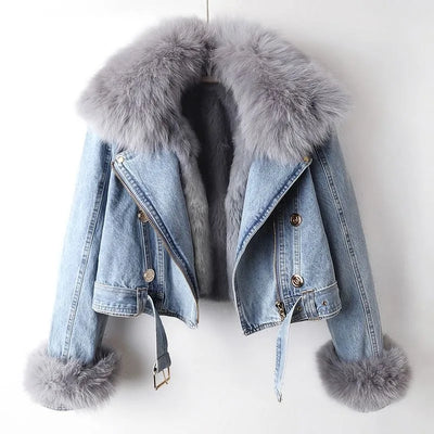 Margaux Luxe Lined Imitation Fox Fur Denim Coat