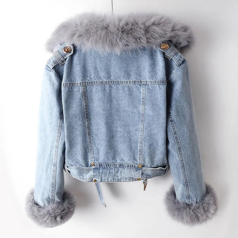 Margaux Luxe Lined Imitation Fox Fur Denim Coat